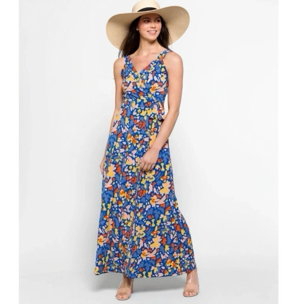 41 Hawthorn STITCH FIX Faux Wrap Maxi Dress Blue Multi V Sleeveless Women’s Sz S